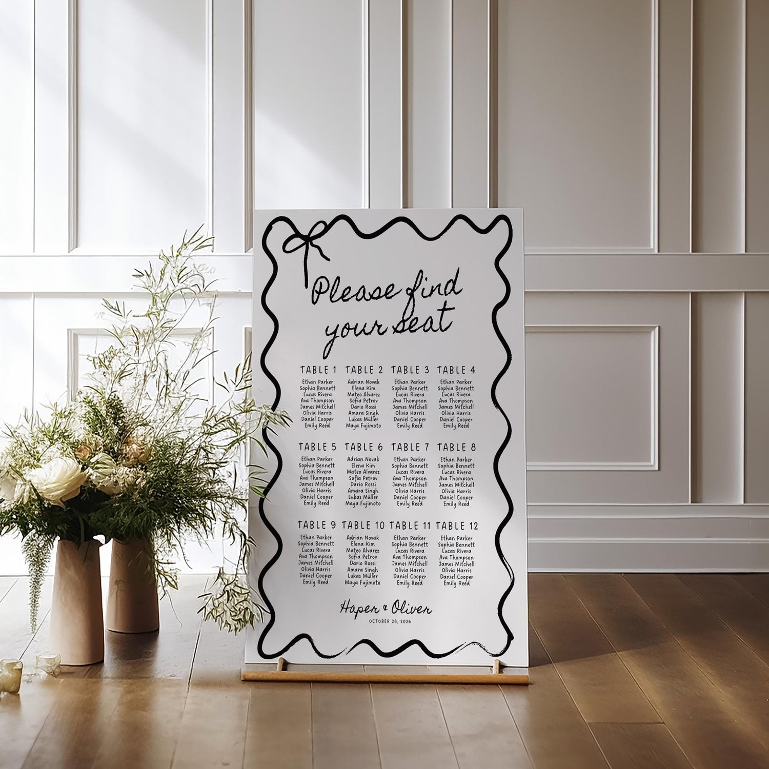 Wavy Bow Wedding Seating Chart Template – Editable Table Seating Sign Canva DIY