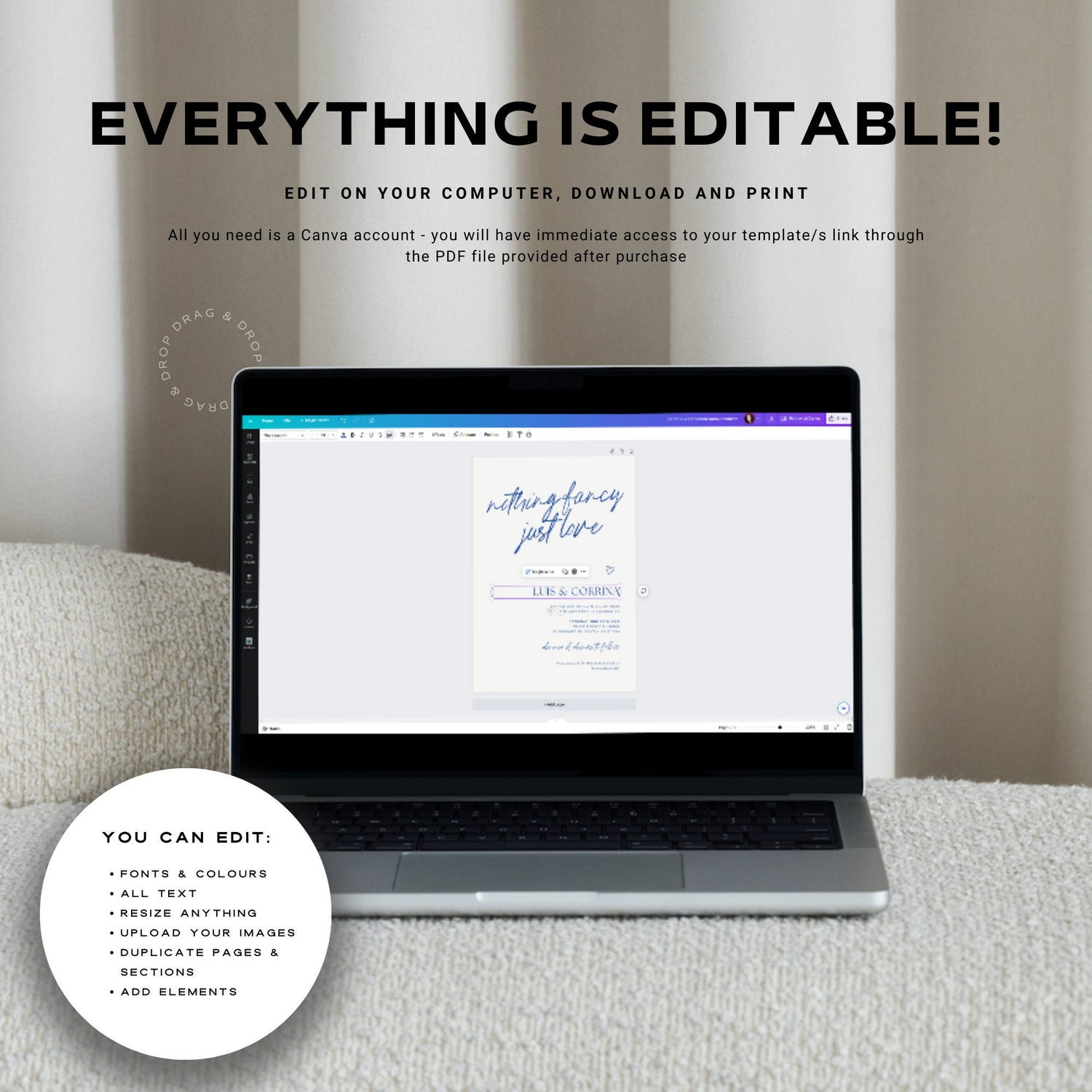 Nothing Fancy Just Love Elopement Announcement – Wavy Hand-Drawn Elope Invitation Canva Template