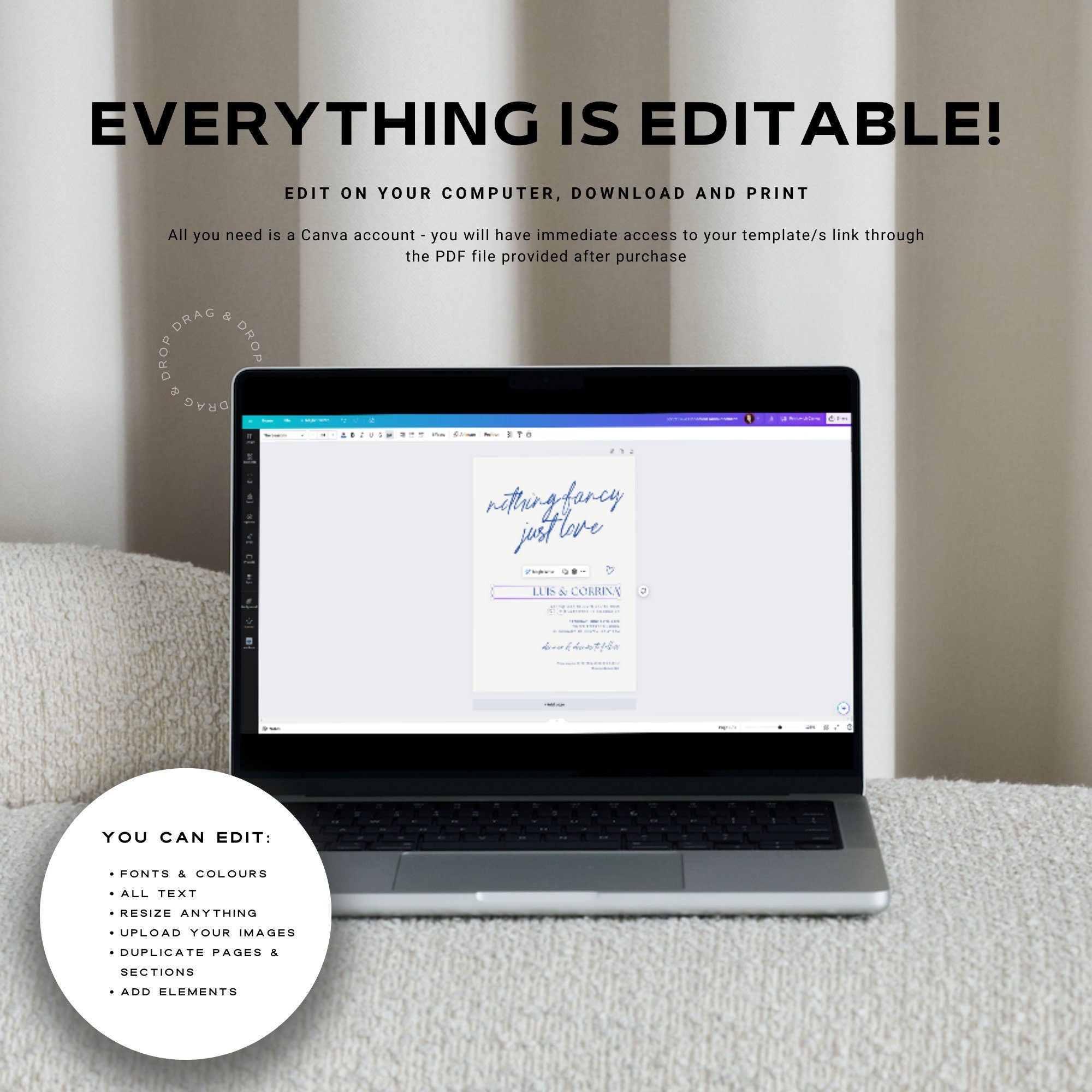 Nothing Fancy Just Love Elopement Announcement – Wavy Hand-Drawn Elope Invitation Canva Template