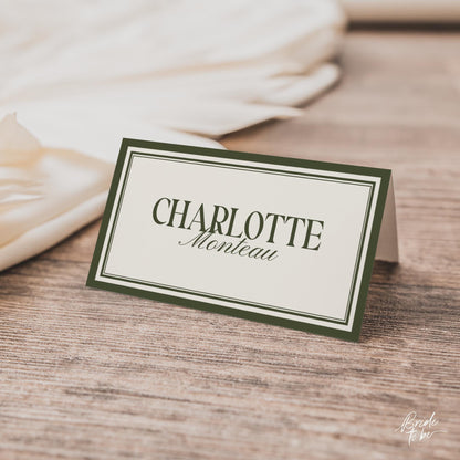 Olive Green Old Money Place Cards – Luxury Flat &amp; Folded Canva Templates