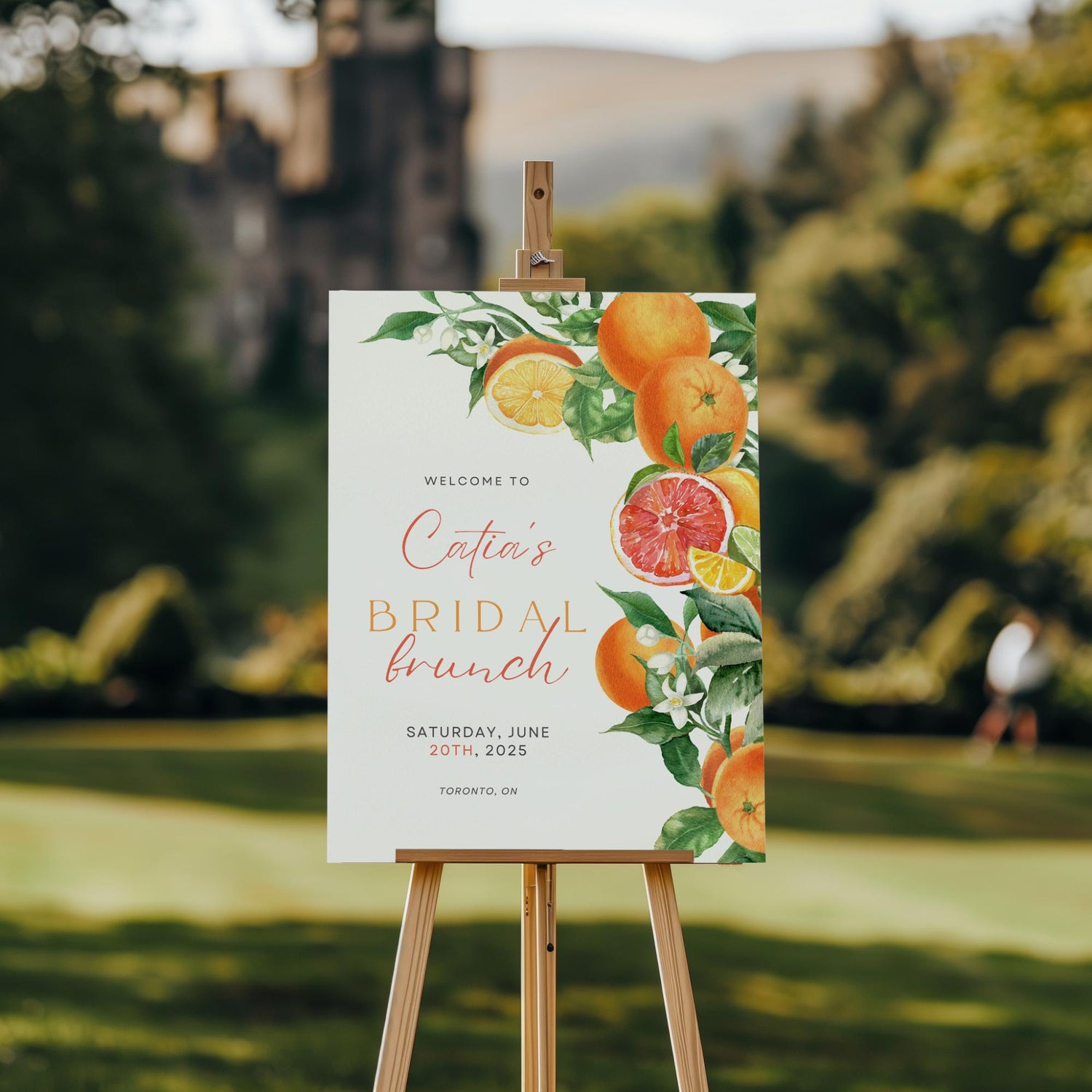 Orange Citrus Bridal Shower Sign Editable Template – “She Found Her Main Squeeze” Printable Floral Bridal Shower Decor (DIY Canva)