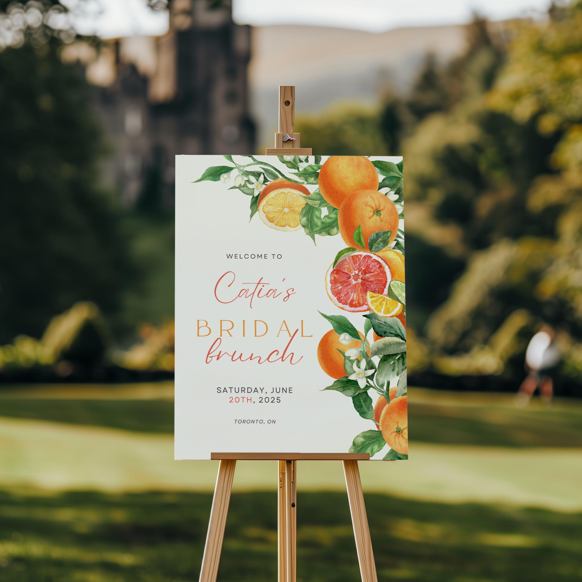 Orange Citrus Bridal Shower Sign Editable Template – “She Found Her Main Squeeze” Printable Floral Bridal Shower Decor (DIY Canva)