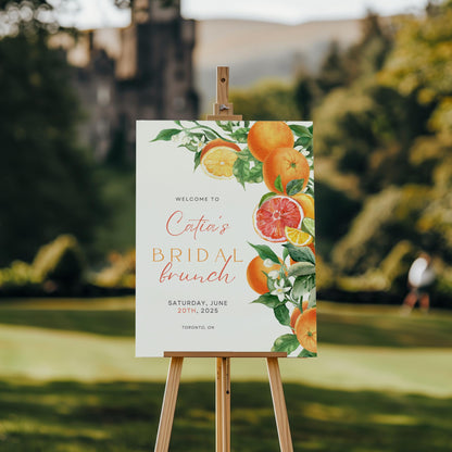 Orange Citrus Bridal Shower Sign Editable Template – “She Found Her Main Squeeze” Printable Floral Bridal Shower Decor (DIY Canva)