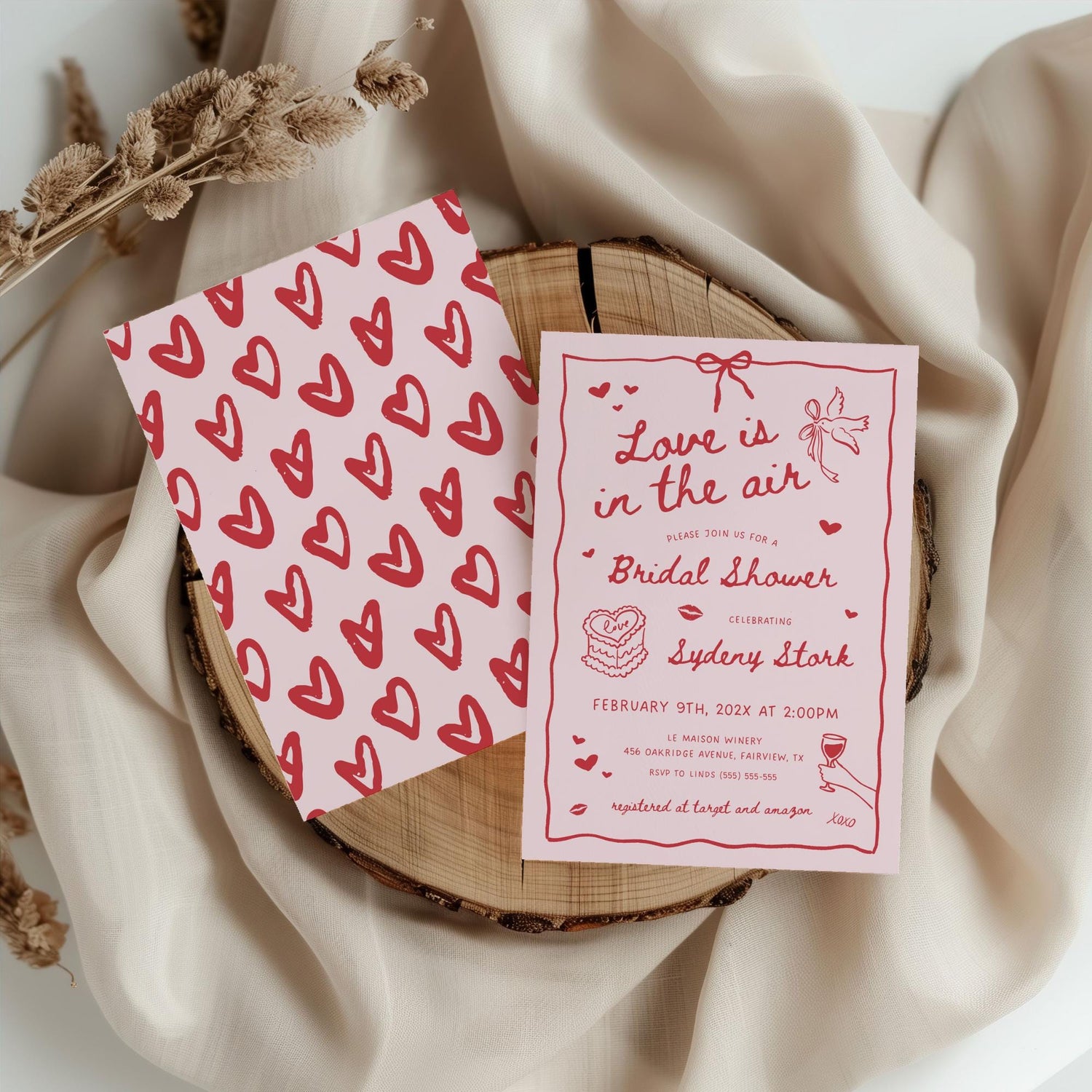 Valentine Bridal Shower Invitation – Pink “Love Is In The Air” Editable Canva Template