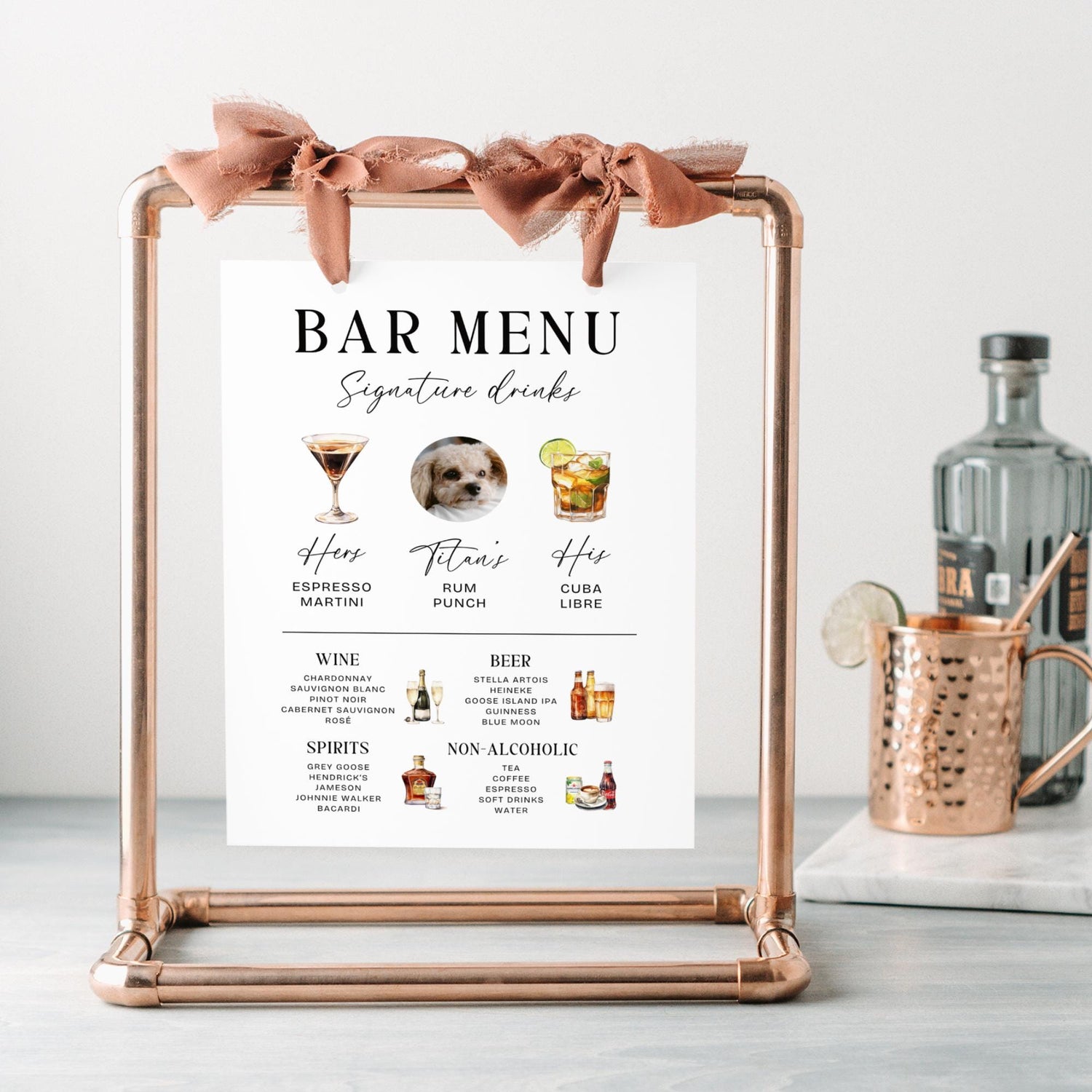 Modern Signature Drinks Sign – His &amp; Hers Bar Menu with Pet Cocktail Illustration Canva Template