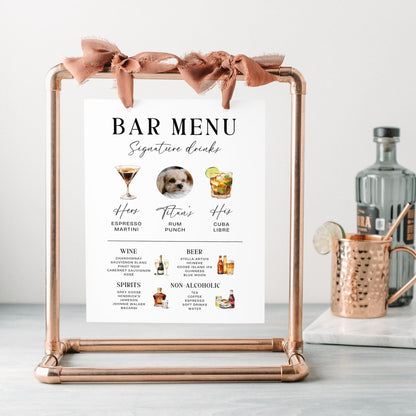 Modern Signature Drinks Sign – His &amp; Hers Bar Menu with Pet Cocktail Illustration Canva Template