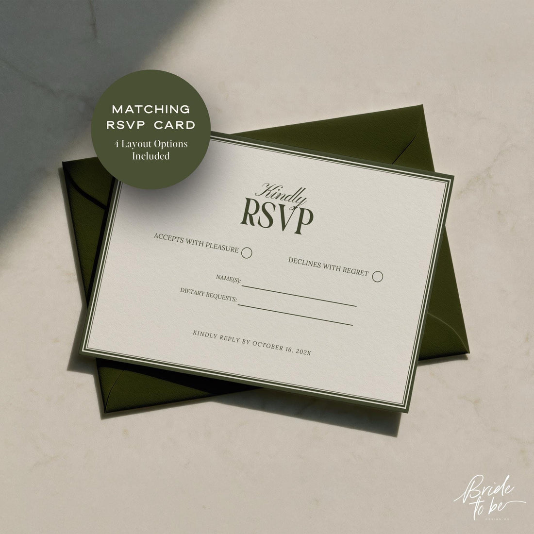 Olive Green Wedding RSVP Card Template – Old Money Canva Design with Monogram Back