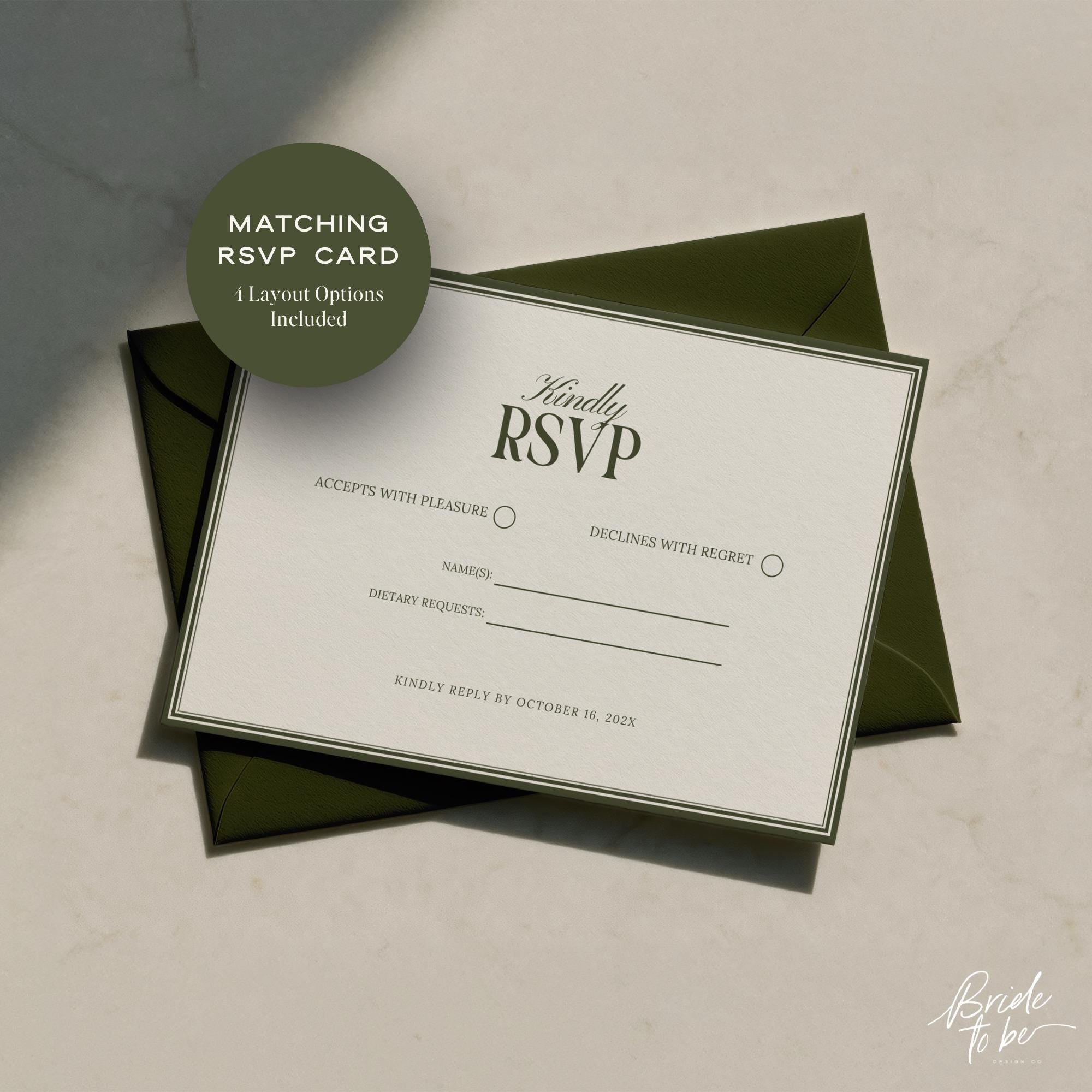 Olive Green Wedding RSVP Card Template – Old Money Canva Design with Monogram Back