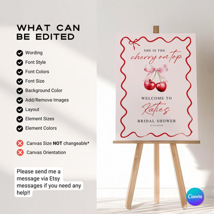 Cherry On Top Bridal Shower Welcome Sign Template – Editable Canva, Wavy Pink Cherries Design