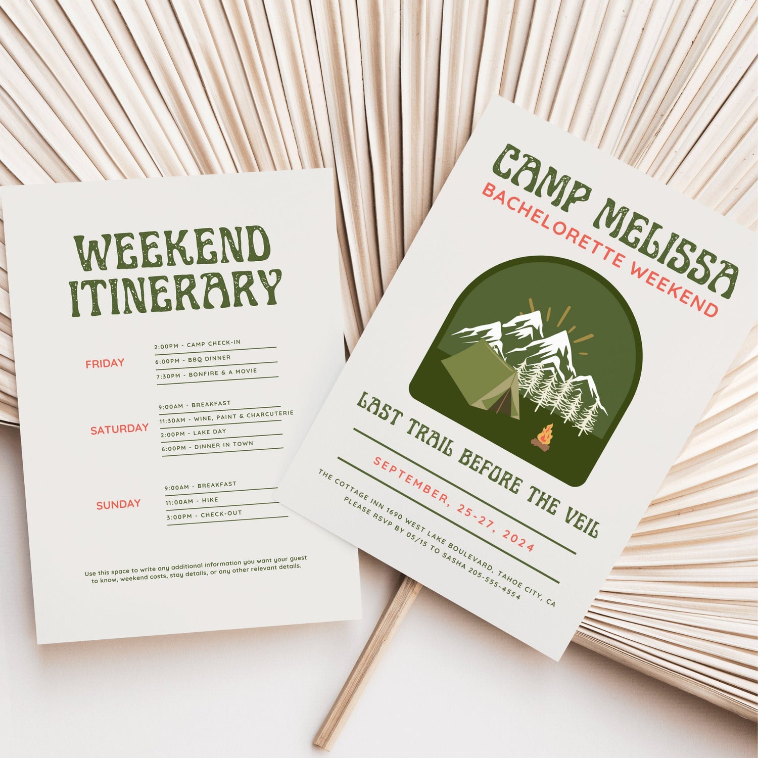 Camp Bachelorette Party Invitation, Itinerary &amp; Packing List Template | Last Trail Before the Veil | Girls Trip Weekend | Camping Bachelorette Printable