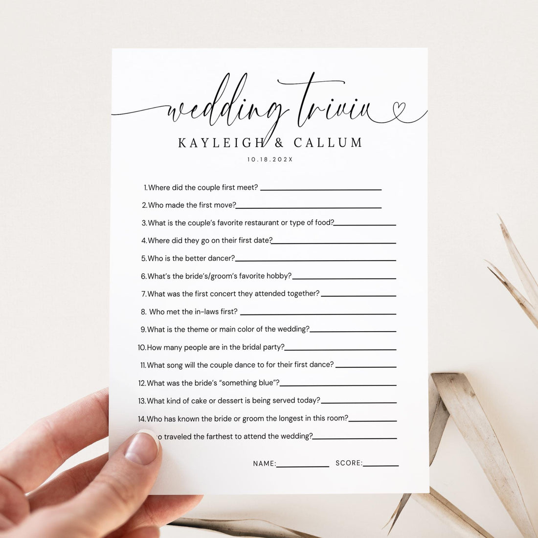 Minimal Wedding Trivia Game Template – Modern Reception Table Games Editable Canva DIY