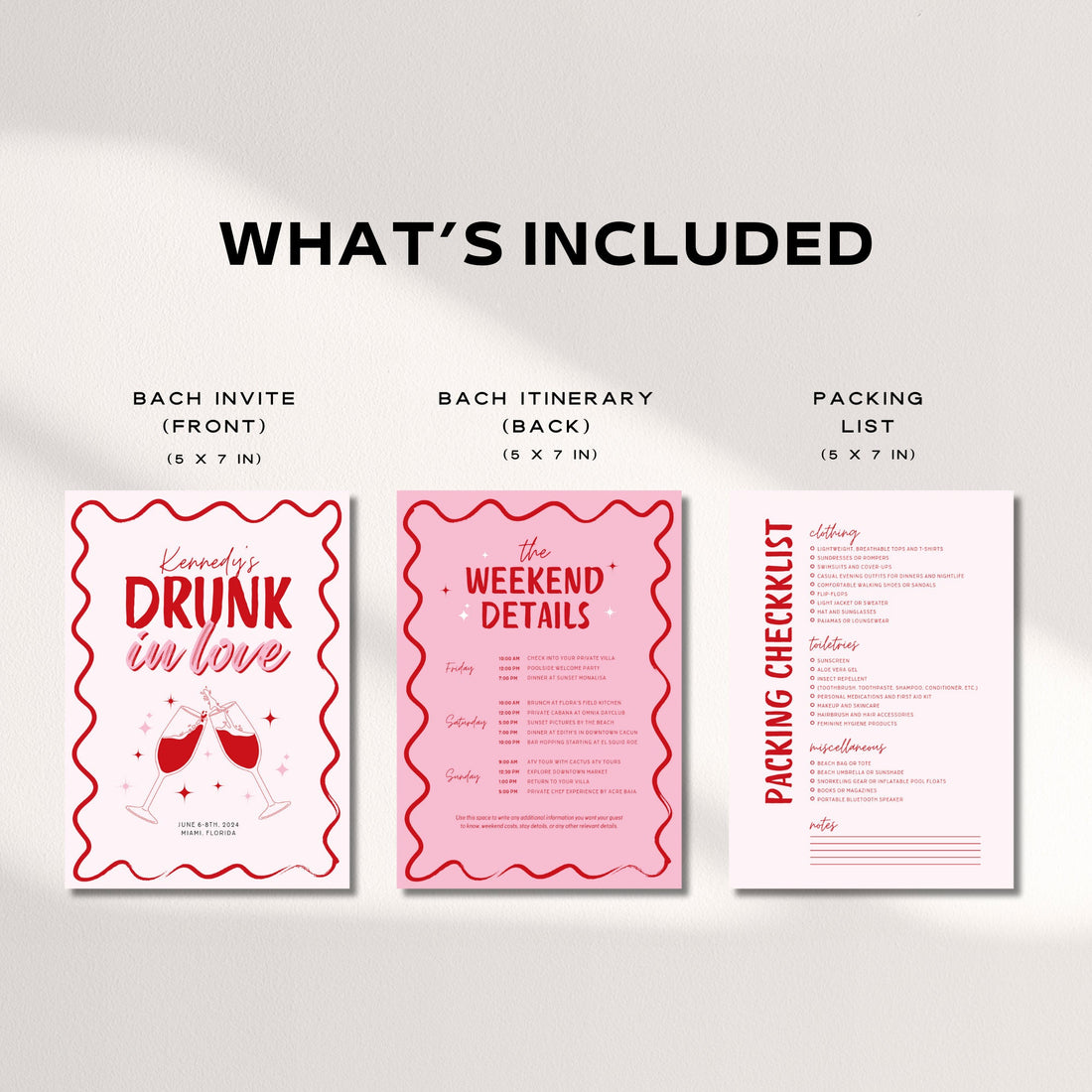 Drunk in Love Bachelorette Itinerary &amp; Invitation – Wavy Pink Girls Trip Canva Template