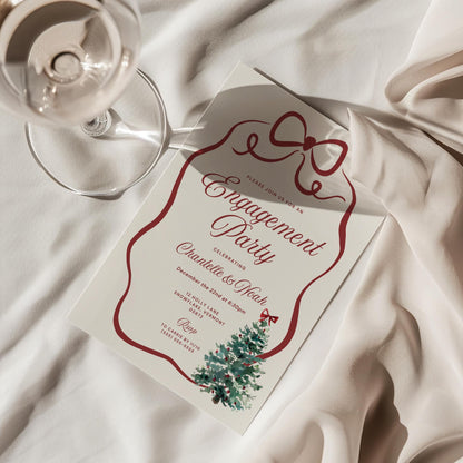 Christmas Engagement Party Invitation – Wavy Bow Watercolor Tree Canva Template DIY