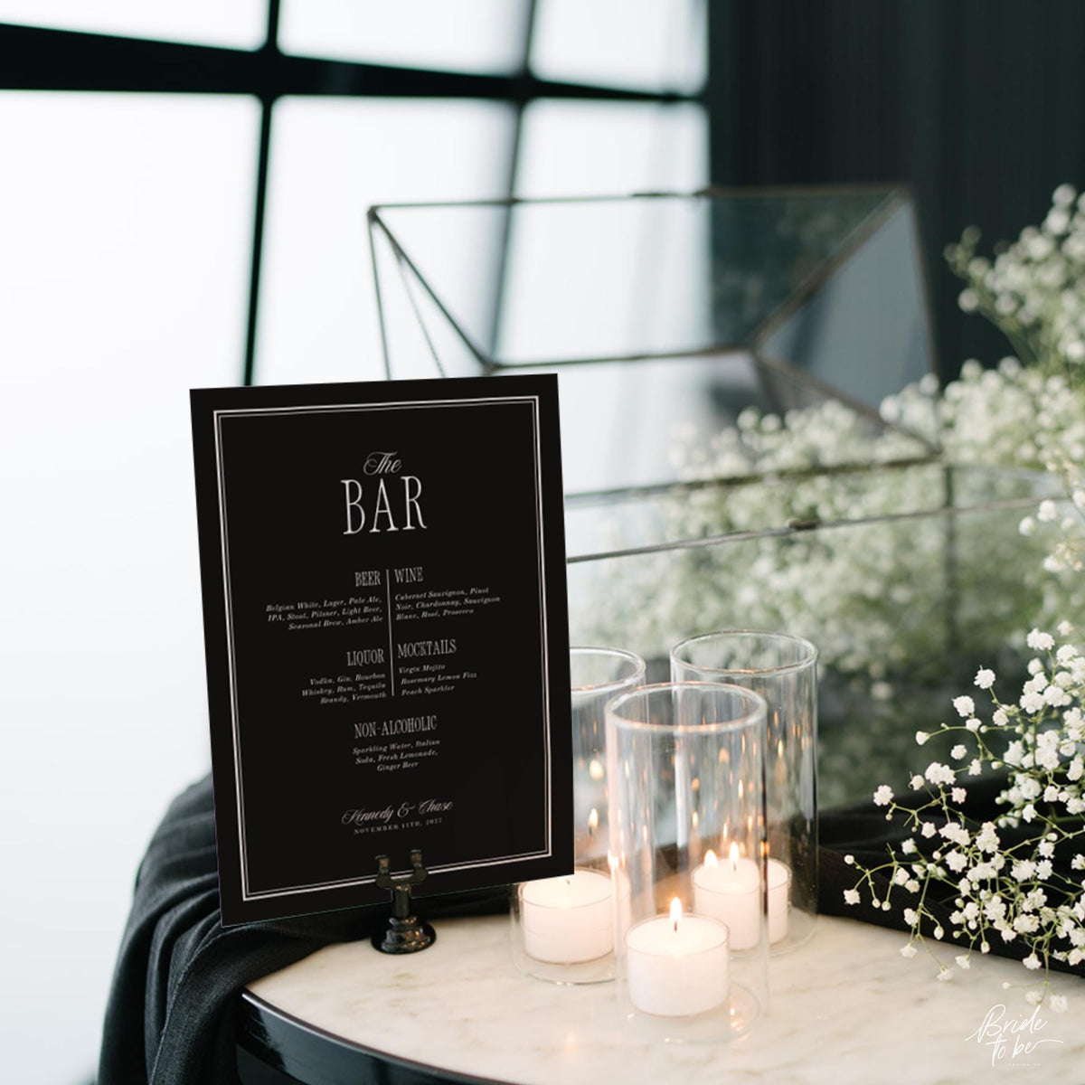 Black &amp; Ivory Wedding Bar Menu Sign | Elegant Canva Template