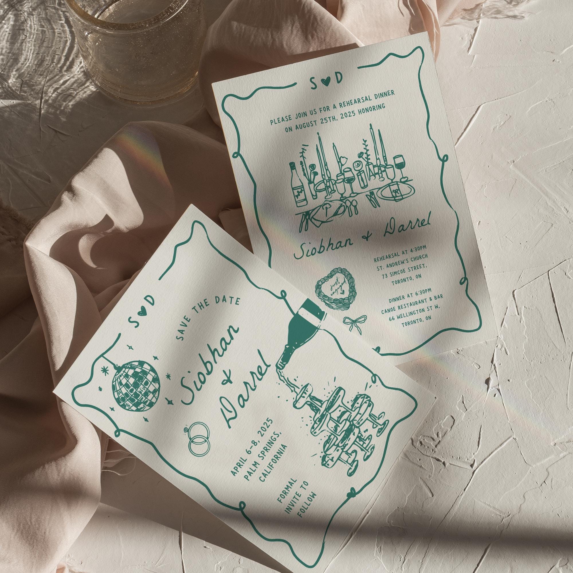 Save The Date &amp; Rehearsal Dinner Invitation Template – Hand-Drawn Wedding Canva Design