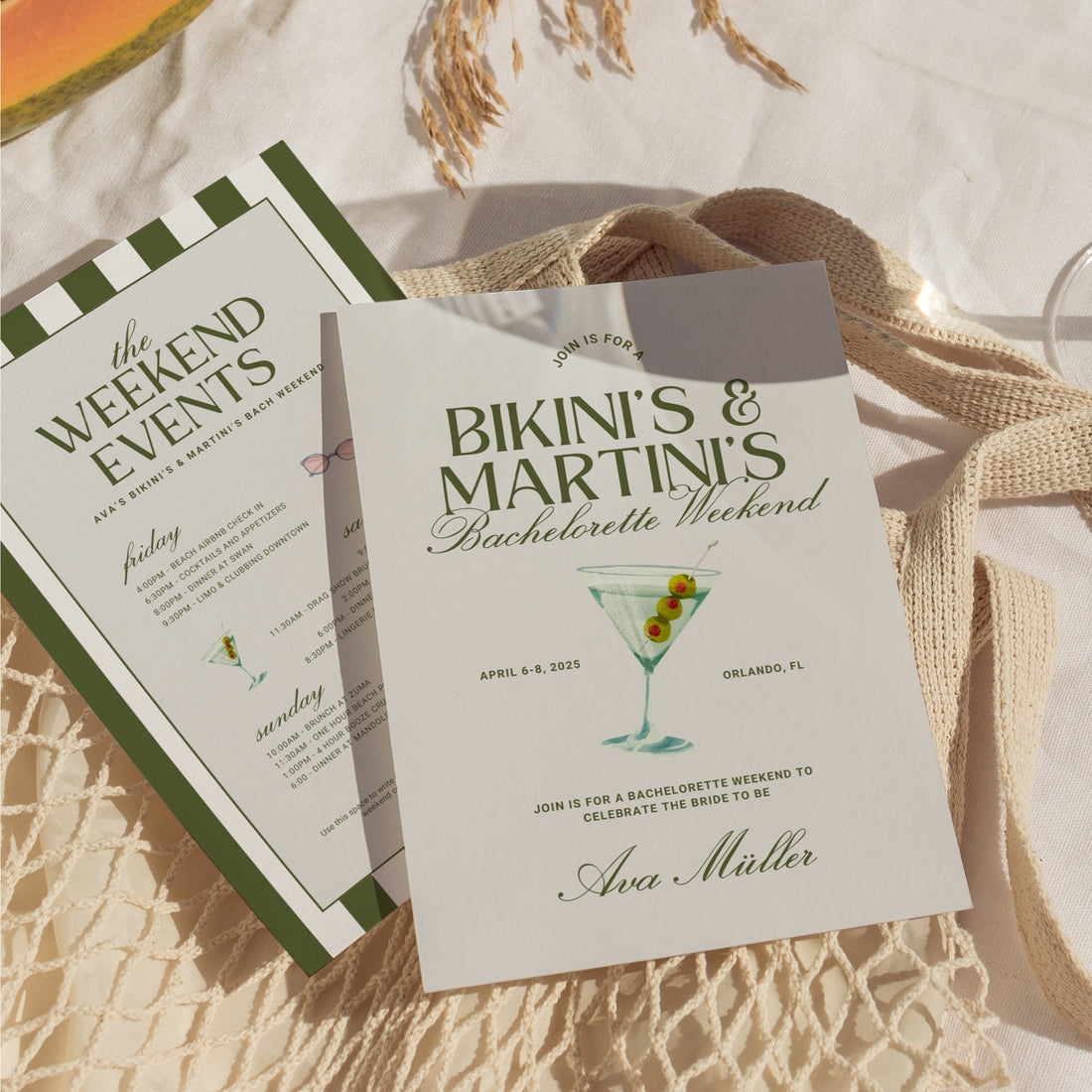 Bikinis and Martinis Bachelorette Party Itinerary Template, Beach Girls Trip Invitation, Editable Canva Travel Itinerary &amp; Packing List