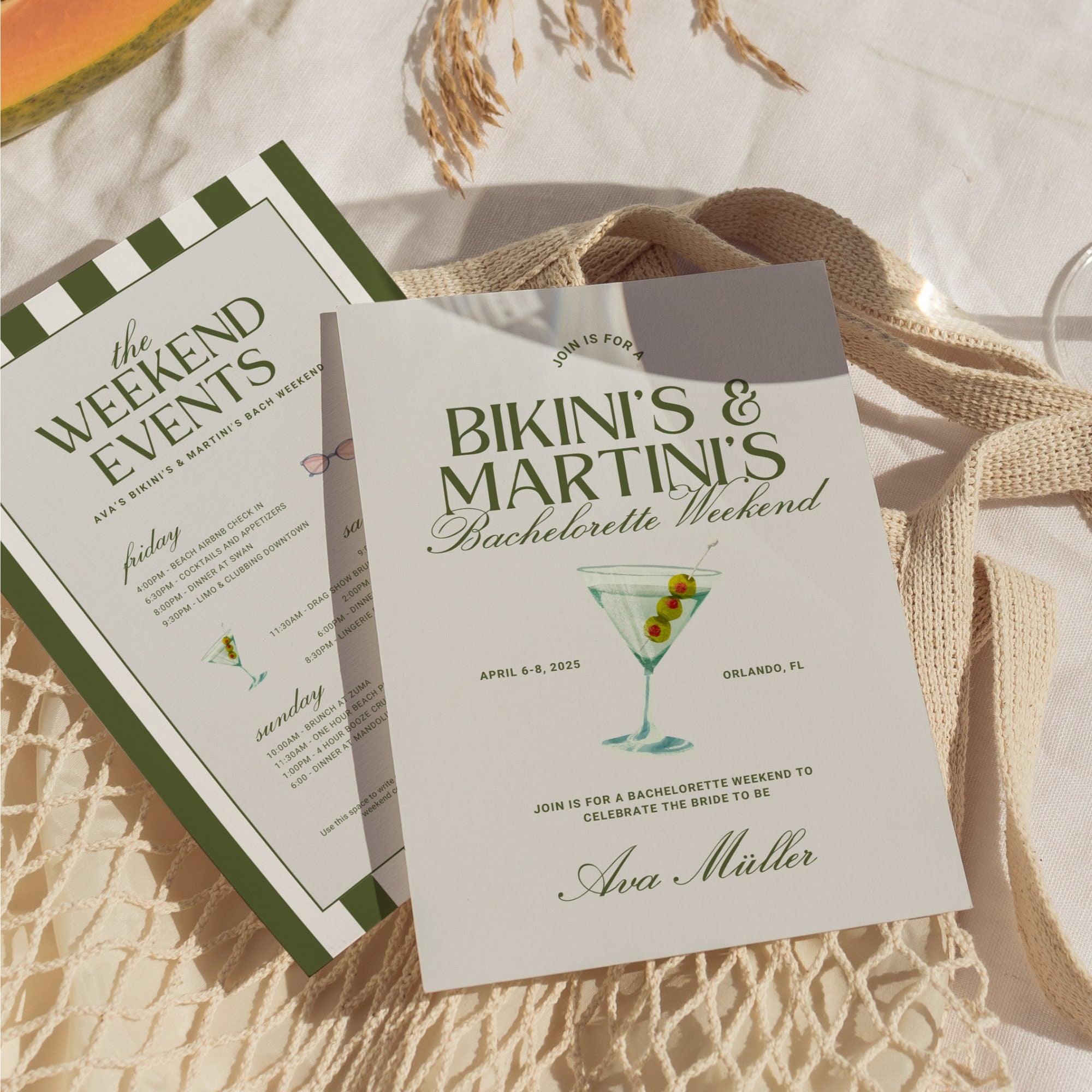 Bikinis and Martinis Bachelorette Party Itinerary Template, Beach Girls Trip Invitation, Editable Canva Travel Itinerary &amp; Packing List