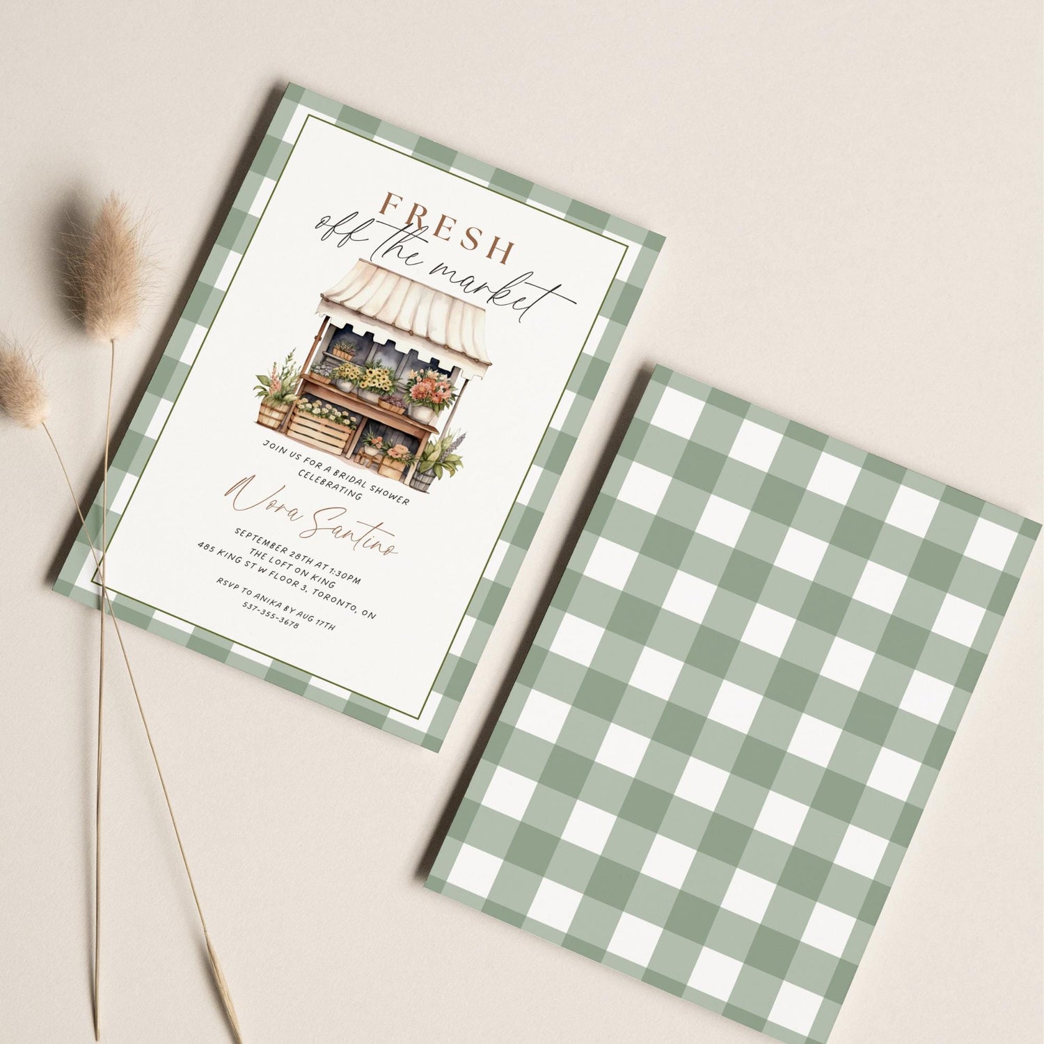 Green Plaid Fresh Off The Market Bridal Shower Invitation Template, Editable Bridal Shower Invite, Farmers Market Wedding Shower Canva DIY