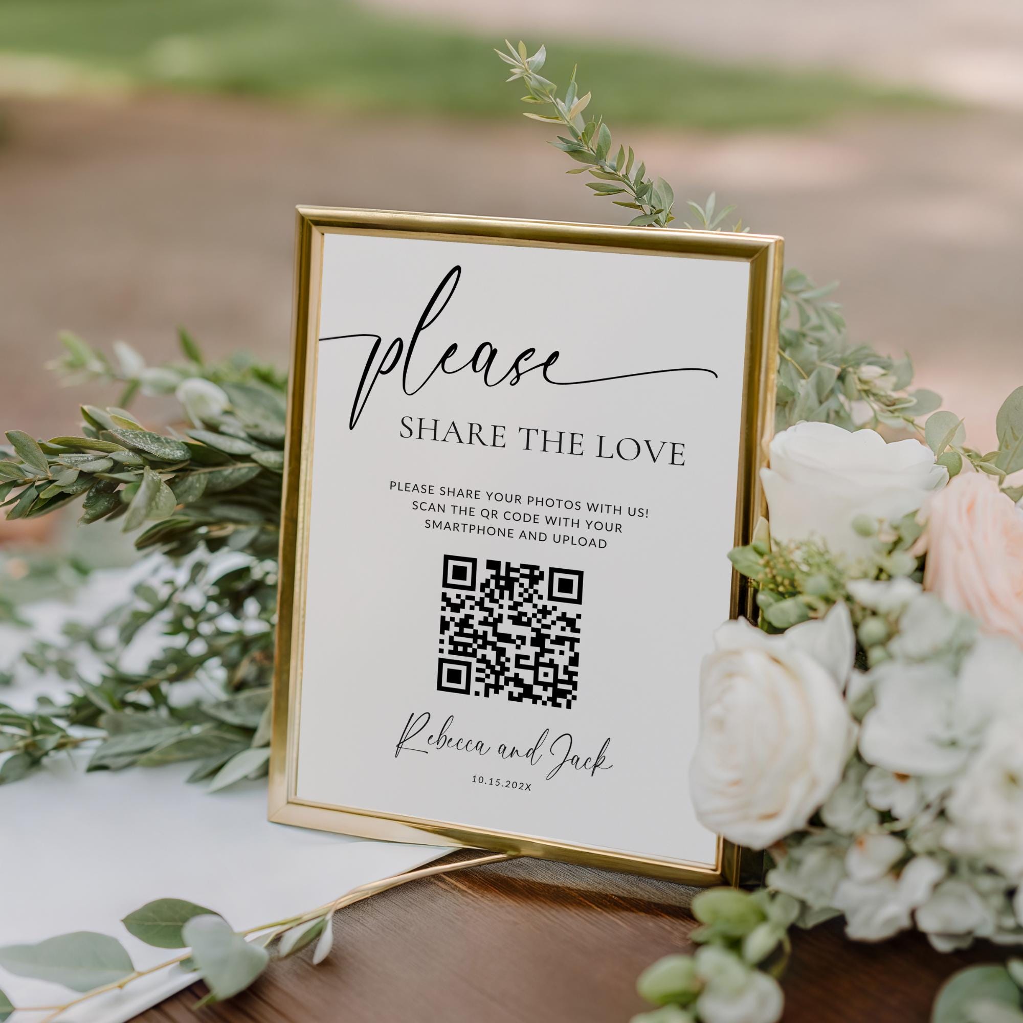 Share the Love Wedding QR Code Sign, Editable Wedding Photo Sign, Minimalist Reception Sign, Modern Wedding Table Sign Canva Template DIY