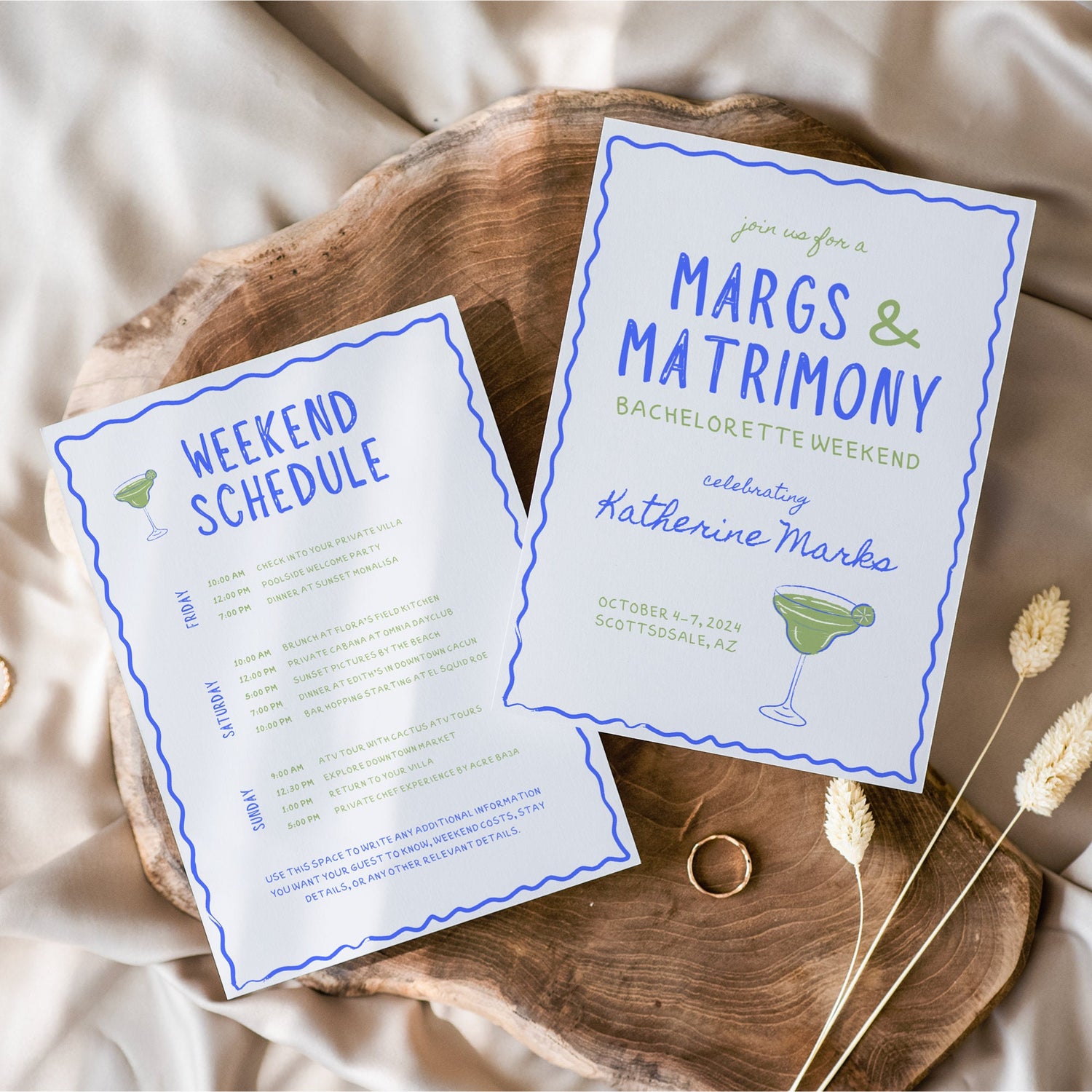Wavy Margs and Matrimony Bachelorette Invitation &amp; Itinerary – Editable Canva Template
