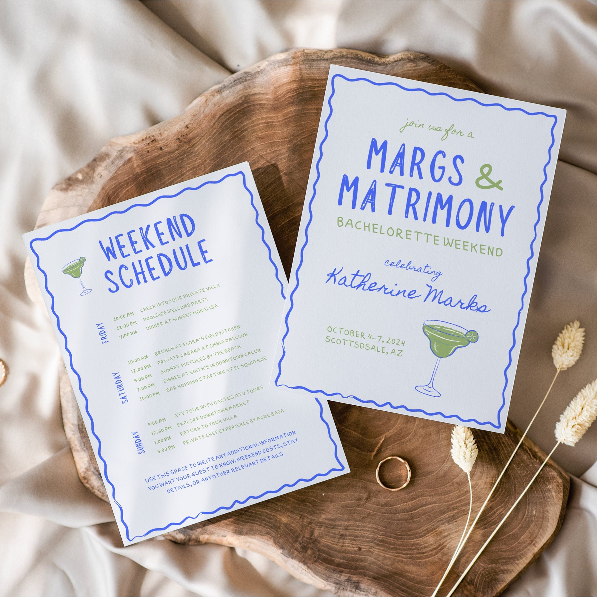 Wavy Margs and Matrimony Bachelorette Invitation &amp; Itinerary – Editable Canva Template