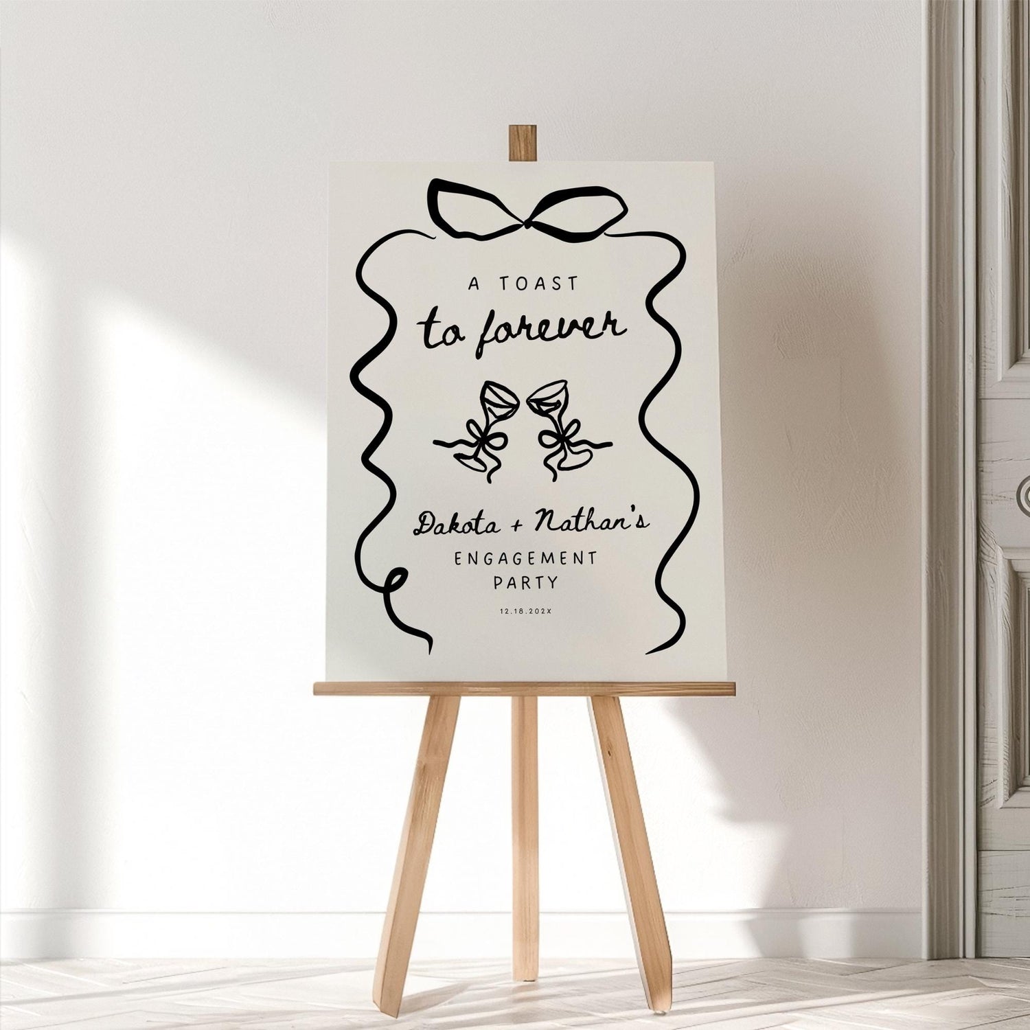 Wavy Bow Engagement Party Welcome Sign – Whimsical Hand-Drawn Champagne Canva Template