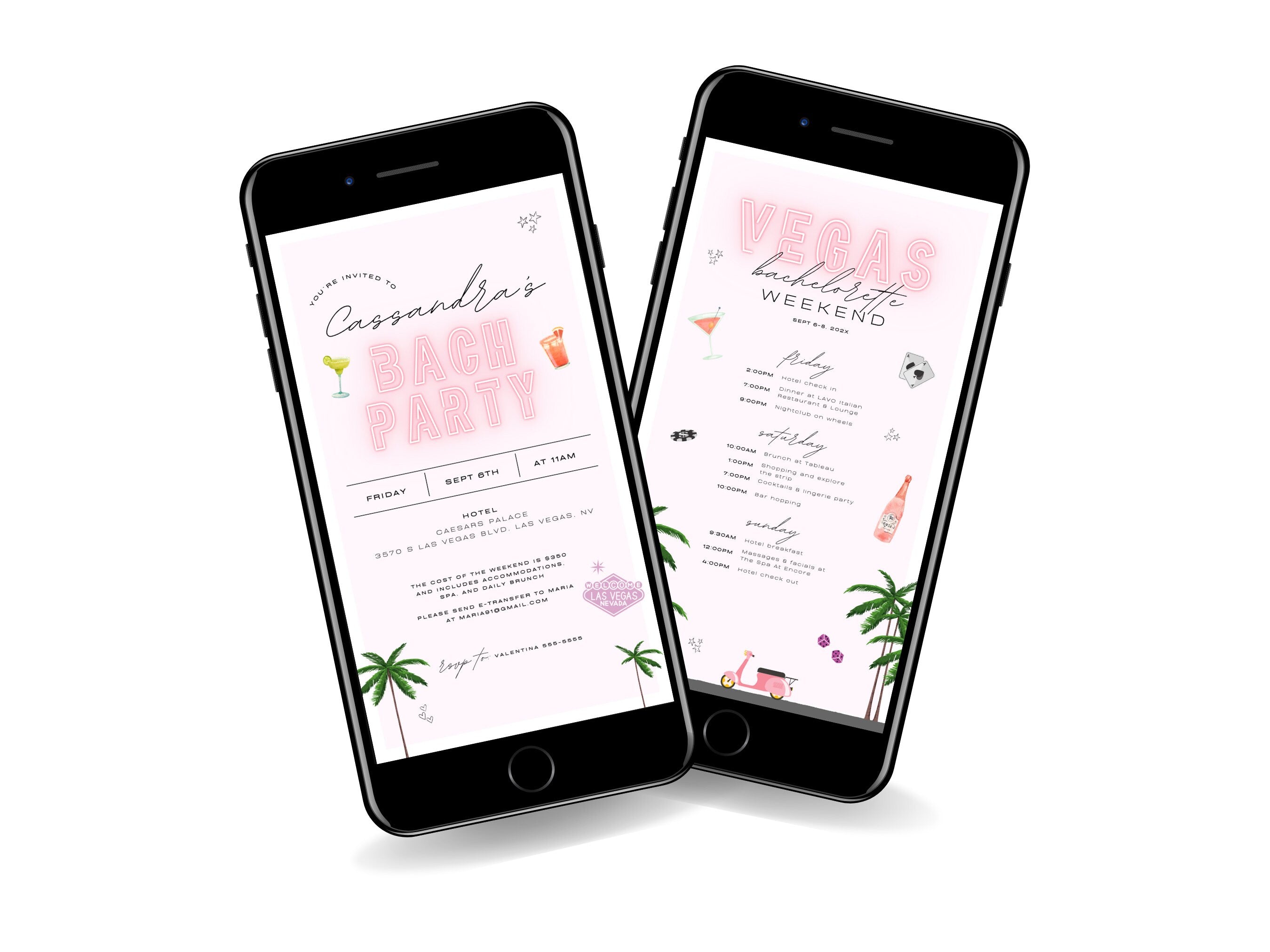 Las Vegas Bachelorette Invitation &amp; Weekend Itinerary – Editable Canva Template Bundle