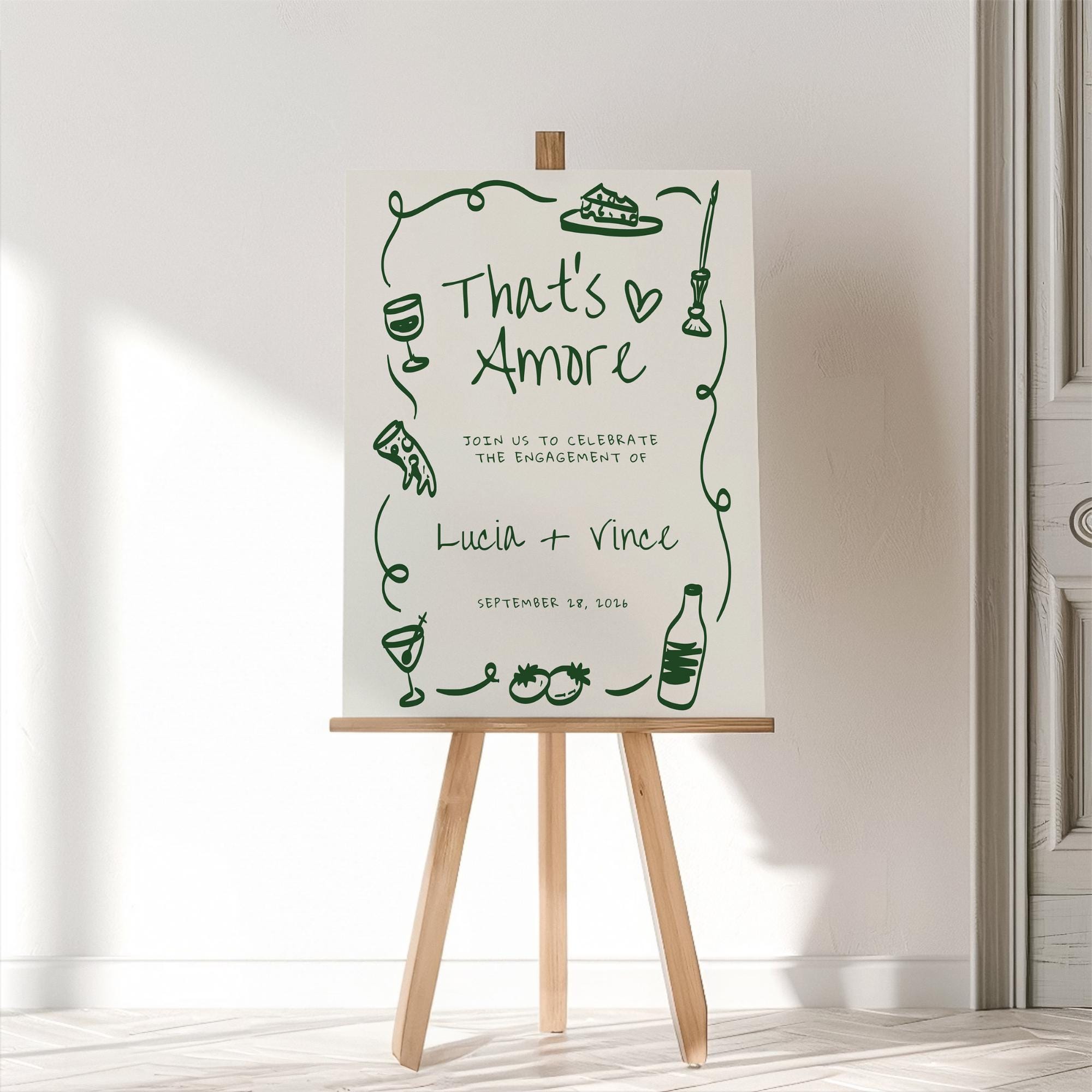 Hand Drawn “That’s Amore” Engagement Party Welcome Sign – Italian Theme Engagement Sign Canva Template