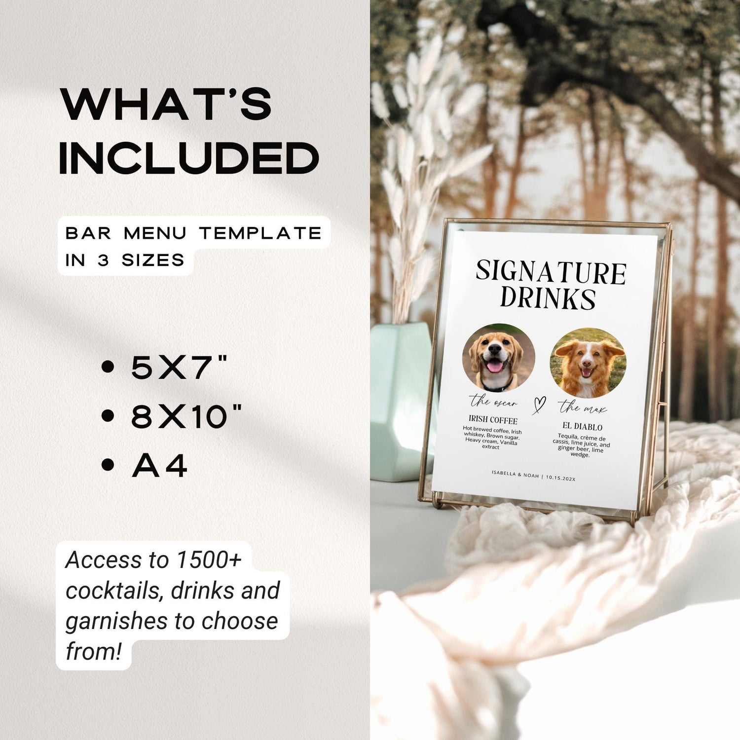 Dog Signature Drink Wedding Bar Sign – Editable Pet Cocktail Menu Canva Template