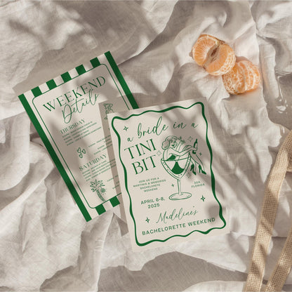 Bride In a Tini Bit Bachelorette Itinerary &amp; Invitation – Martini Bachelorette Canva Template Bundle