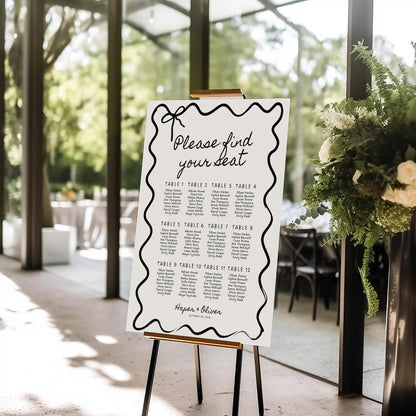 Wavy Bow Wedding Seating Chart Template – Editable Table Seating Sign Canva DIY