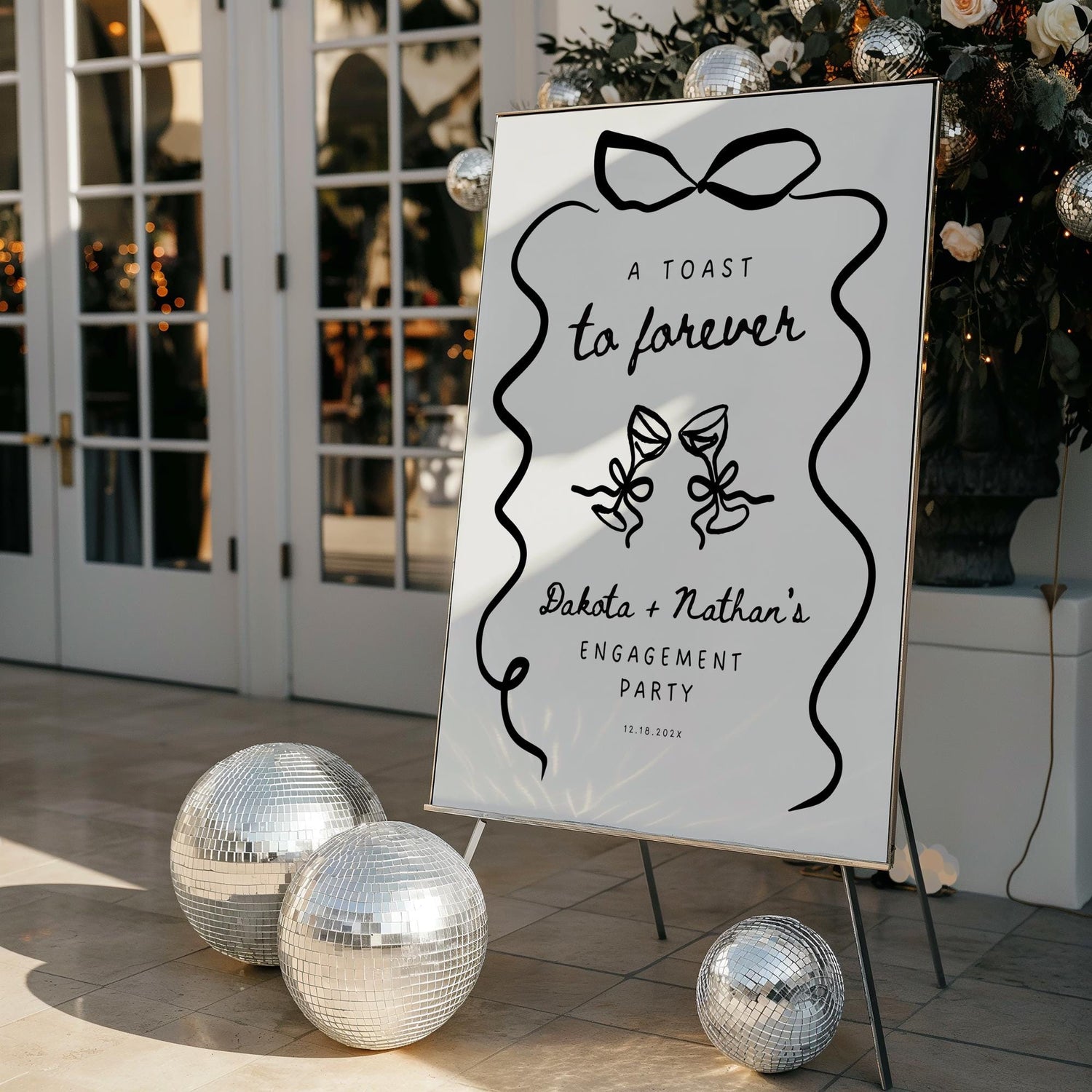 Wavy Bow Engagement Party Welcome Sign – Whimsical Hand-Drawn Champagne Canva Template