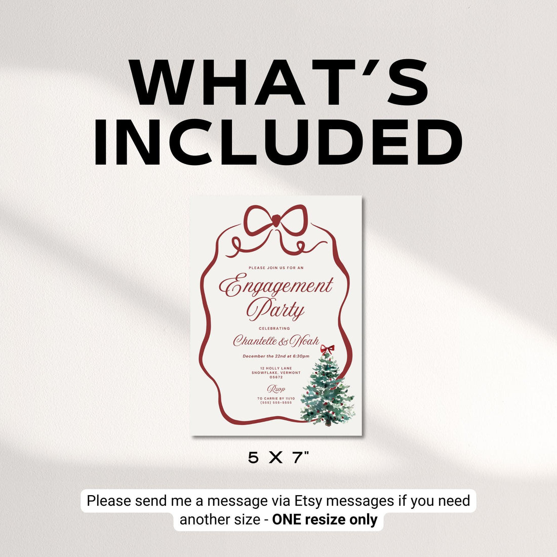 Christmas Engagement Party Invitation – Wavy Bow Watercolor Tree Canva Template DIY
