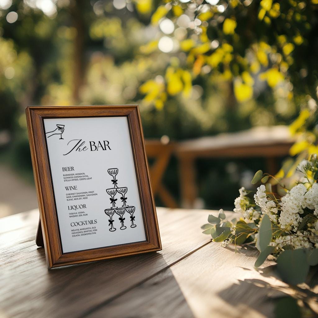 Wedding Bar Sign Template – Rehearsal Dinner Open Bar Sign &amp; Champagne Tower Menu – Editable Canva Design