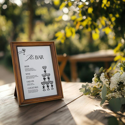Wedding Bar Sign Template – Rehearsal Dinner Open Bar Sign &amp; Champagne Tower Menu – Editable Canva Design
