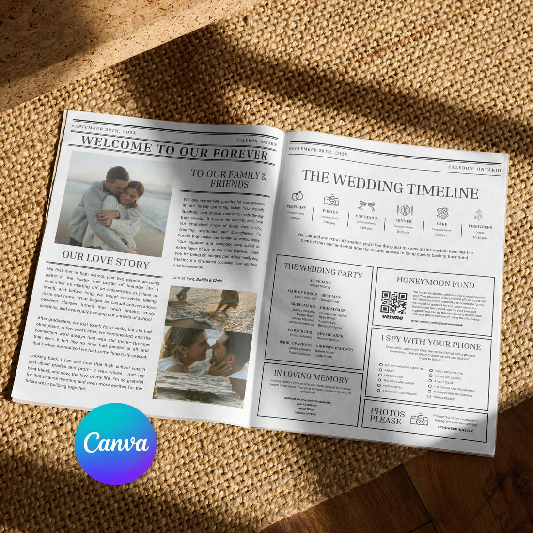 Photo Wedding Newspaper Template – Editable Newspaper Program &amp; Save the Date Canva