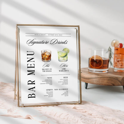 Signature Drink Sign – Old Money Wedding Bar Menu Template, His &amp; Hers Cocktail Canva DIY