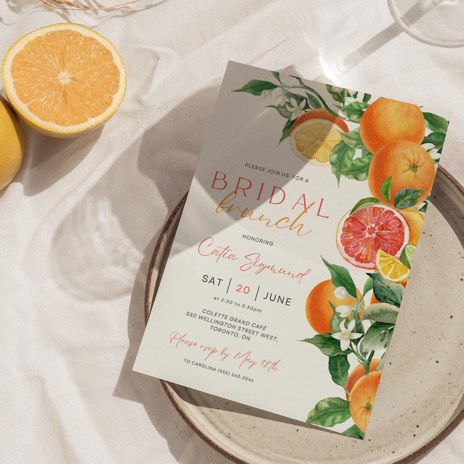 Citrus Floral Bridal Shower Invitation Template – Orange Lemon Lime Brunch Canva Invite