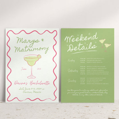 Margs &amp; Matrimony Bachelorette Invitation, Itinerary &amp; Packing List – Editable Canva Templates