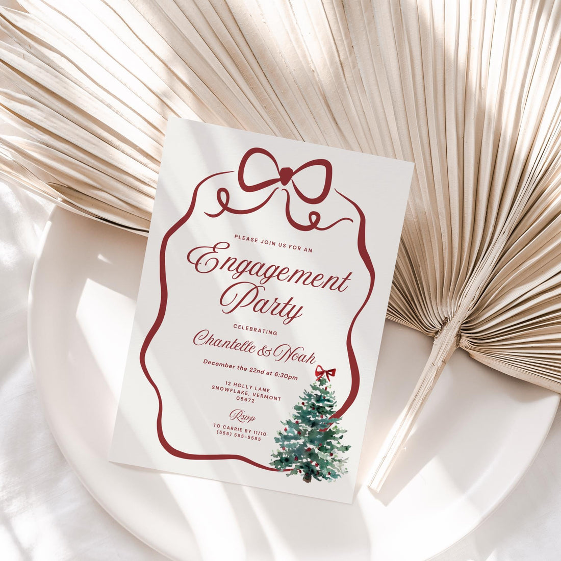 Christmas Engagement Party Invitation – Wavy Bow Watercolor Tree Canva Template DIY