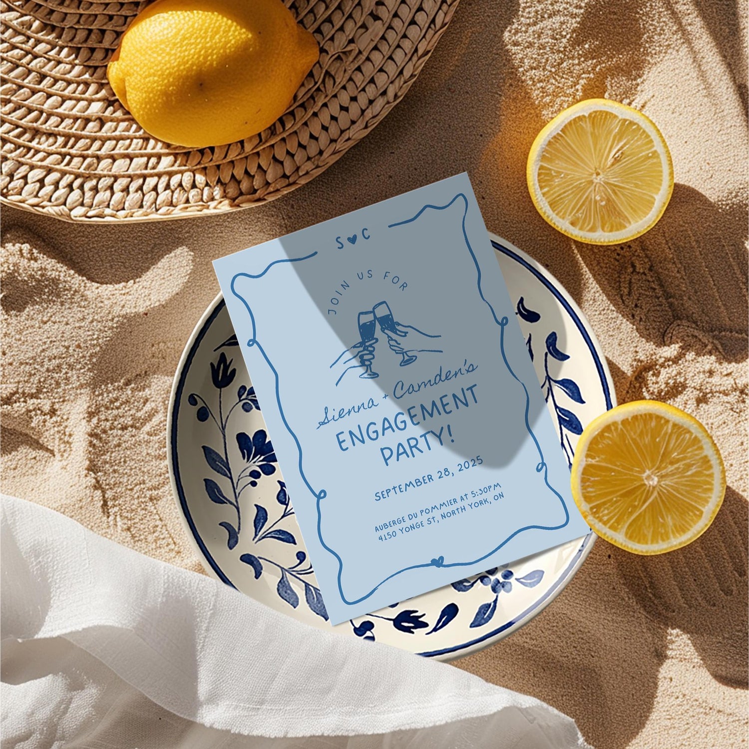 Blue Engagement Party Invitation – Whimsical Hand-Drawn Bridal Shower Invite Editable Canva Template