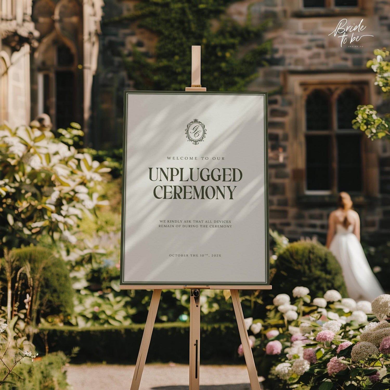 Old Money Unplugged Ceremony Sign Template – Olive Green Wedding Sign – Elegant Canva Printable