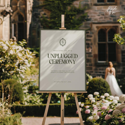 Old Money Unplugged Ceremony Sign Template – Olive Green Wedding Sign – Elegant Canva Printable