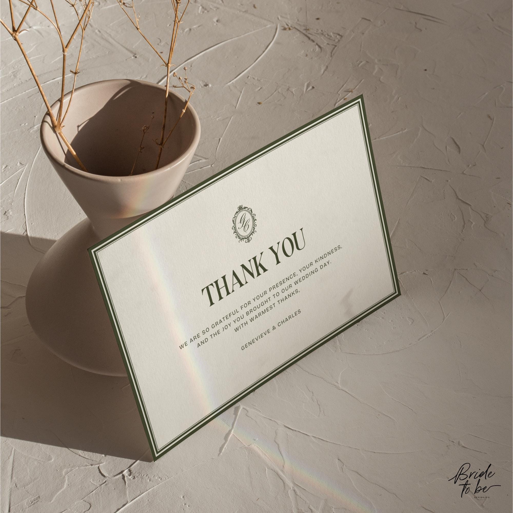 Old Money Olive Green Thank You Card Printable – Elegant Classic Wedding Thank You – Editable Canva Template