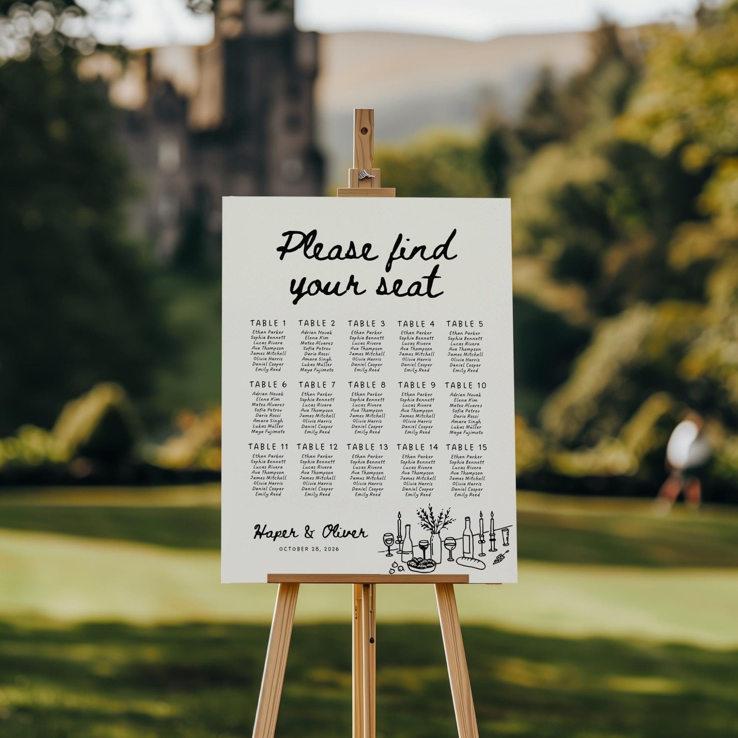 Whimsical Wedding Seating Chart Template – Hand-Drawn Editable Table Layout Canva Sign