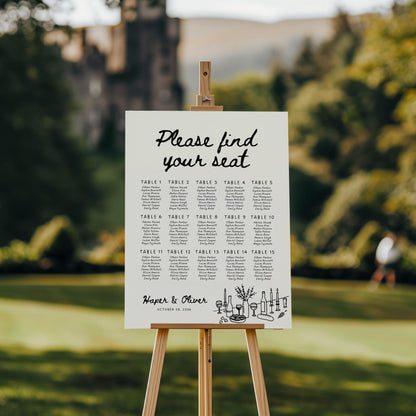Whimsical Wedding Seating Chart Template – Hand-Drawn Editable Table Layout Canva Sign