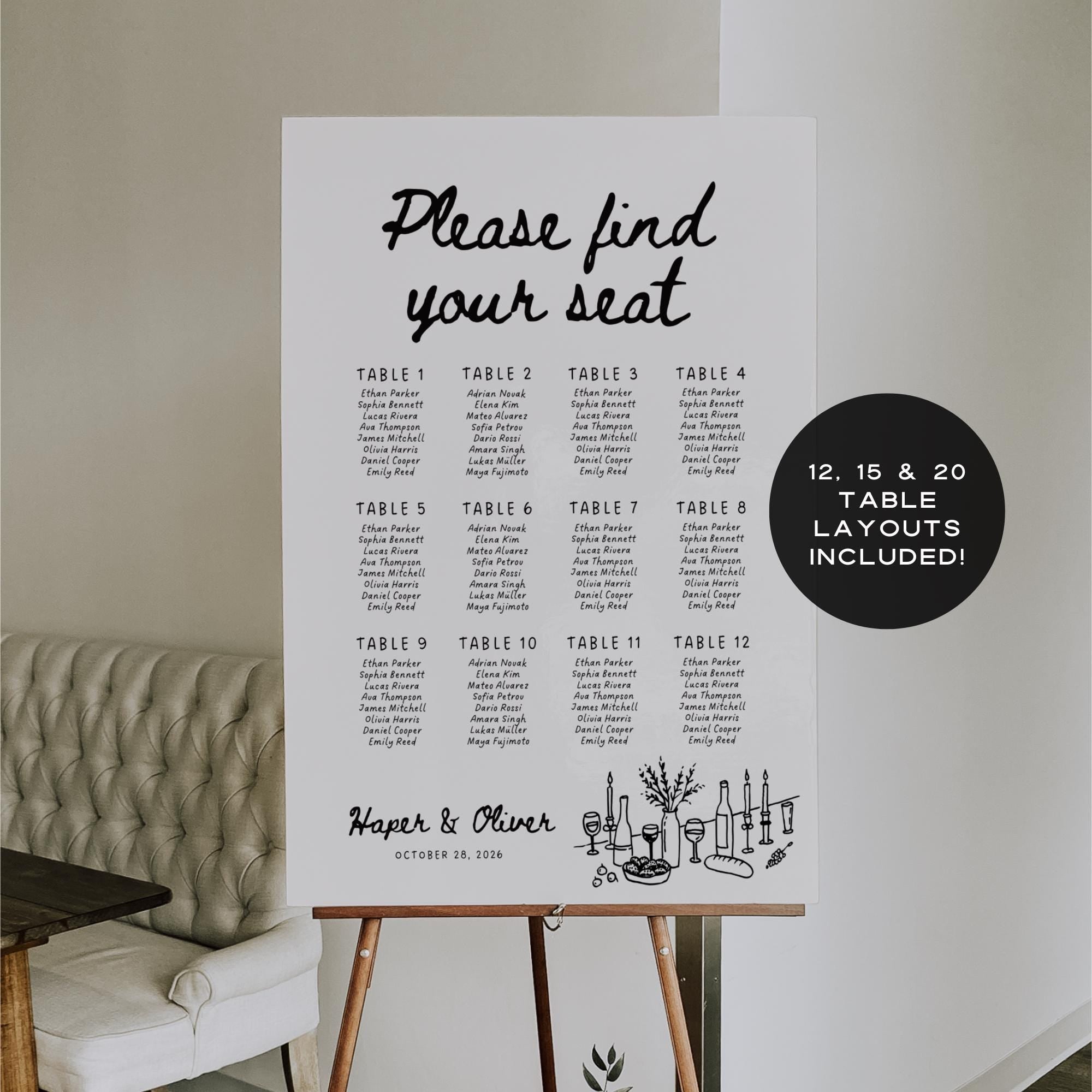 Whimsical Wedding Seating Chart Template – Hand-Drawn Editable Table Layout Canva Sign