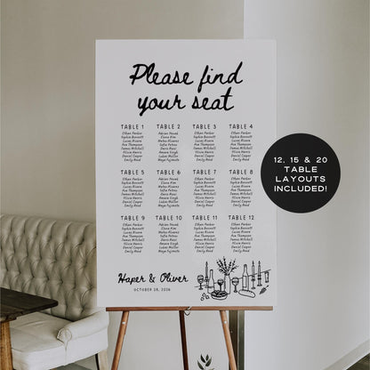 Whimsical Wedding Seating Chart Template – Hand-Drawn Editable Table Layout Canva Sign