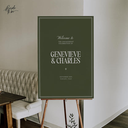 Olive Green Engagement Party Welcome Sign – Old Money Estate Canva Template