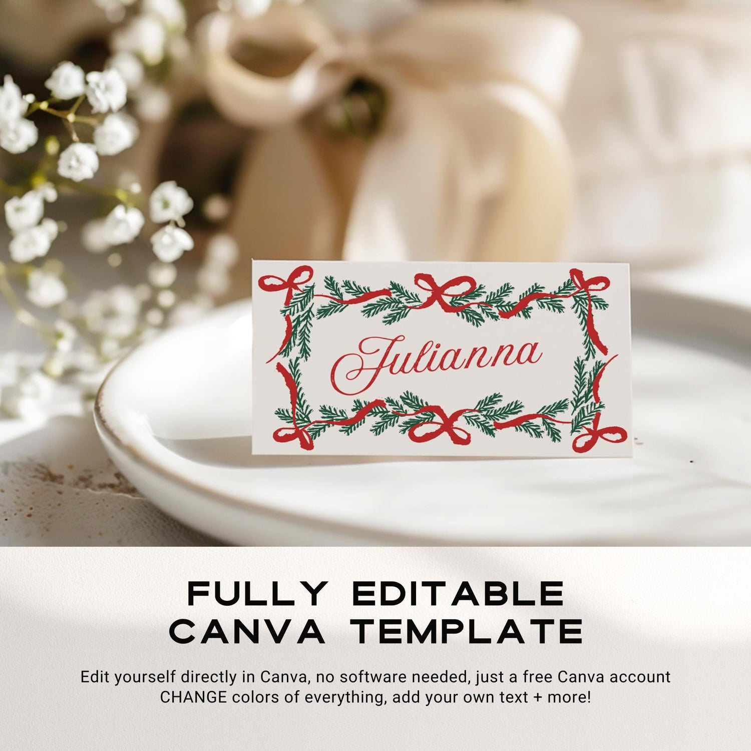 Christmas Engagement Party Place Cards – Editable Holiday Wedding Name Cards, Personalized Table Cards Template (Canva)